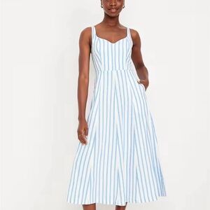 Striped Linen Midi Dress Fit Flare Summer Old Navy Petite S Blue White Beach